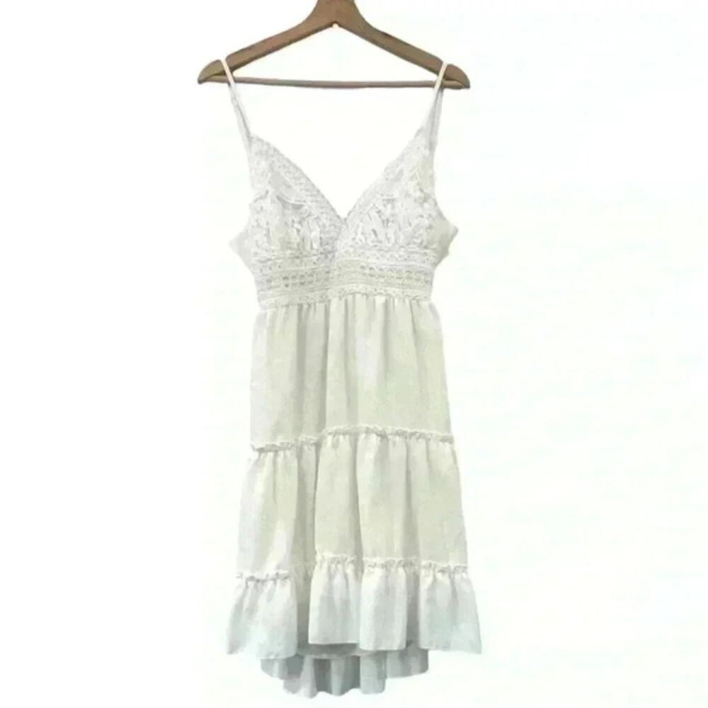 Ecowish White Ruffle Crochet Lace Midi Dress Womens Medium